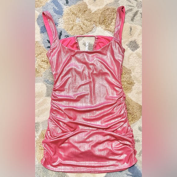 LUCY IN THE SKY Front Tie Ruched Mini Dress in Pink Shimmer - Picture 7 of 13